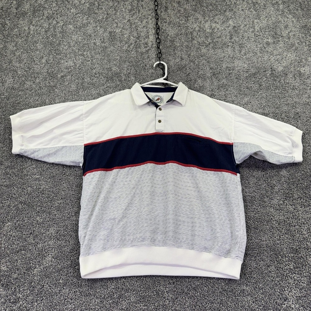 Vtg Greenline International Polo Shirt Mens Medium White Navy Colorblock Stripe